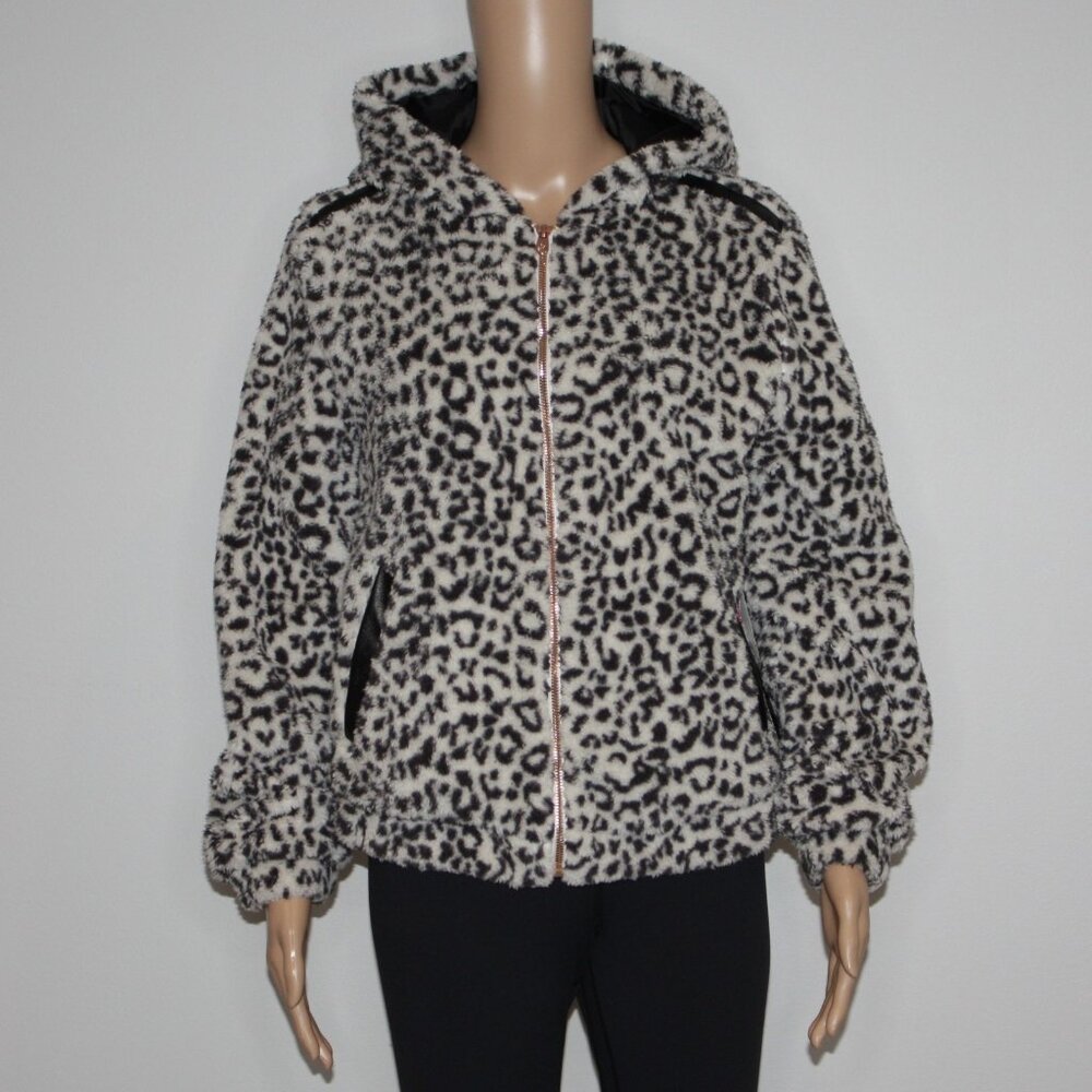 Pink Platinum Women's Shaggy Hoodie Jacket in Leopard with Rose Gold size M NWT